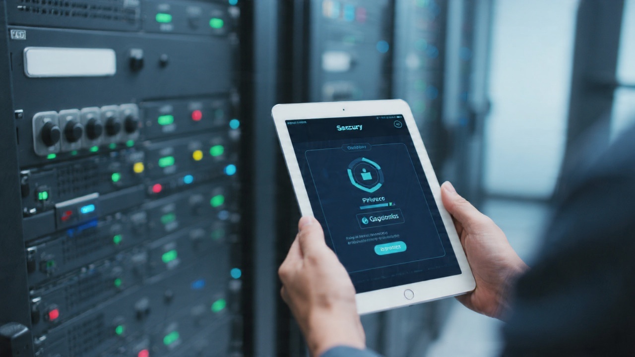 Close-up of a secure server room panel and a person holding a tablet showing privacy settings and encrypted data indicators in a modern facility